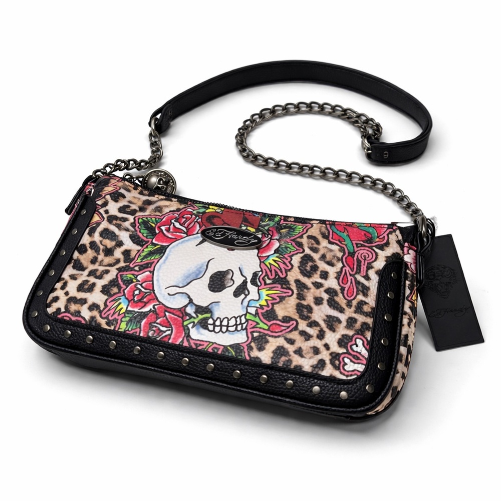 Ed Hardy Leopard Floral Skull Shoulder & Crossbody Bag Y2K Studded Chain NWT